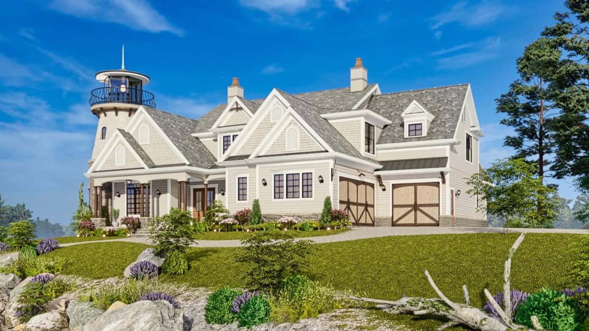Front rendering with a lighthouse tower, a covered entry porch, and split garages.