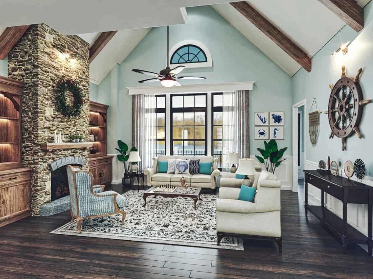The grand room features a stone fireplace and a cathedral ceiling lined with exposed beams.