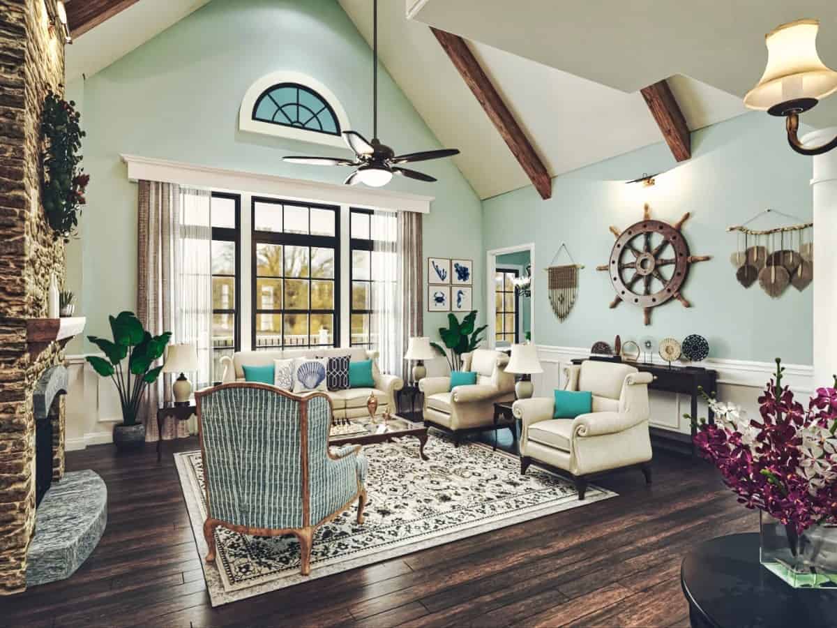Leather sofas, a wingback accent chair, and wooden tables complete the grand room.