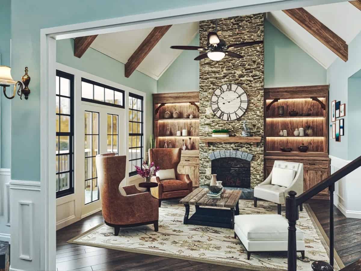 The keeping room is warmed by a fireplace and opens onto a covered porch.