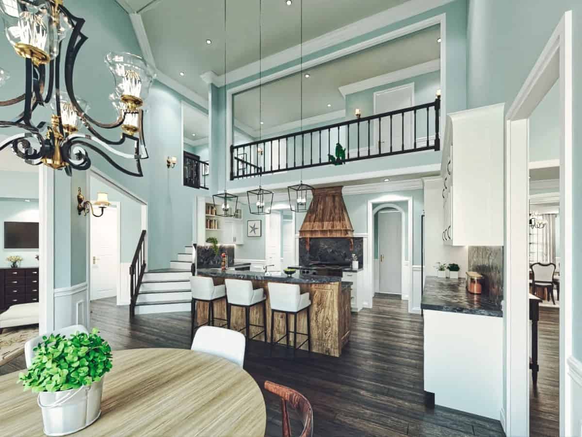 A two-story ceiling crowns the eat-in kitchen.