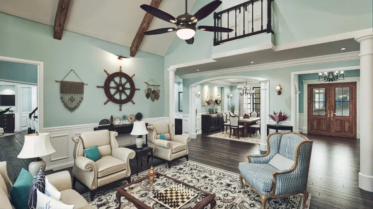 The foyer with a French entry door leads to the formal dining room and grand room.