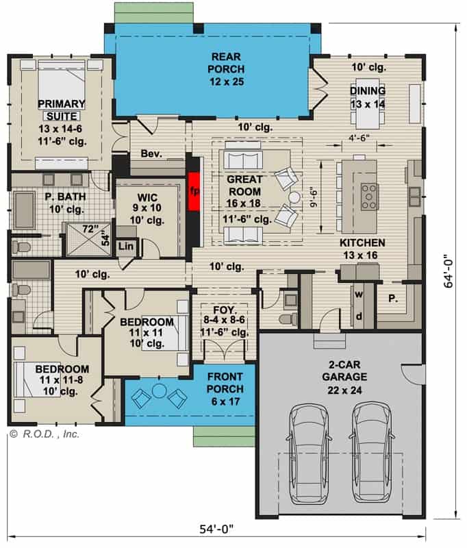 Main level floor plan of a 3-bedroom single-story modern farmhouse with foyer, great room, kitchen, dining area, three bedrooms, and a laundry leading to the garage.