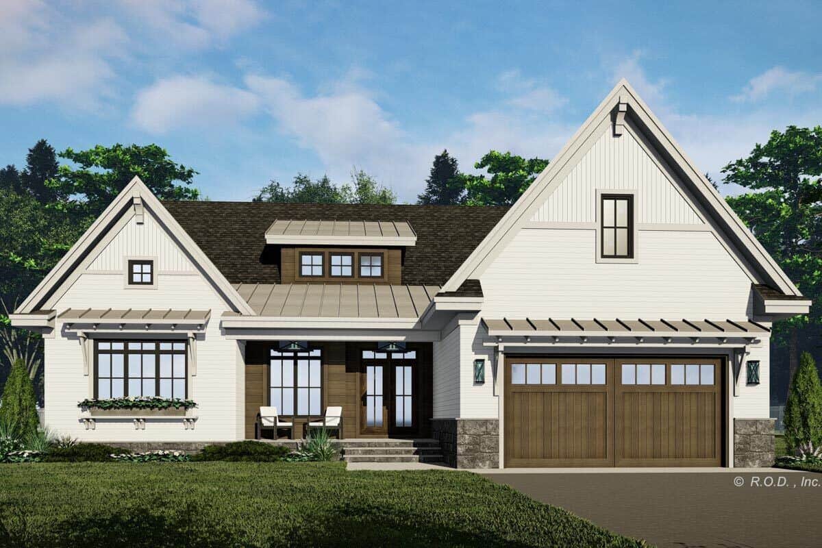 Front rendering with a double garage and a covered entry porch topped with a large dormer.