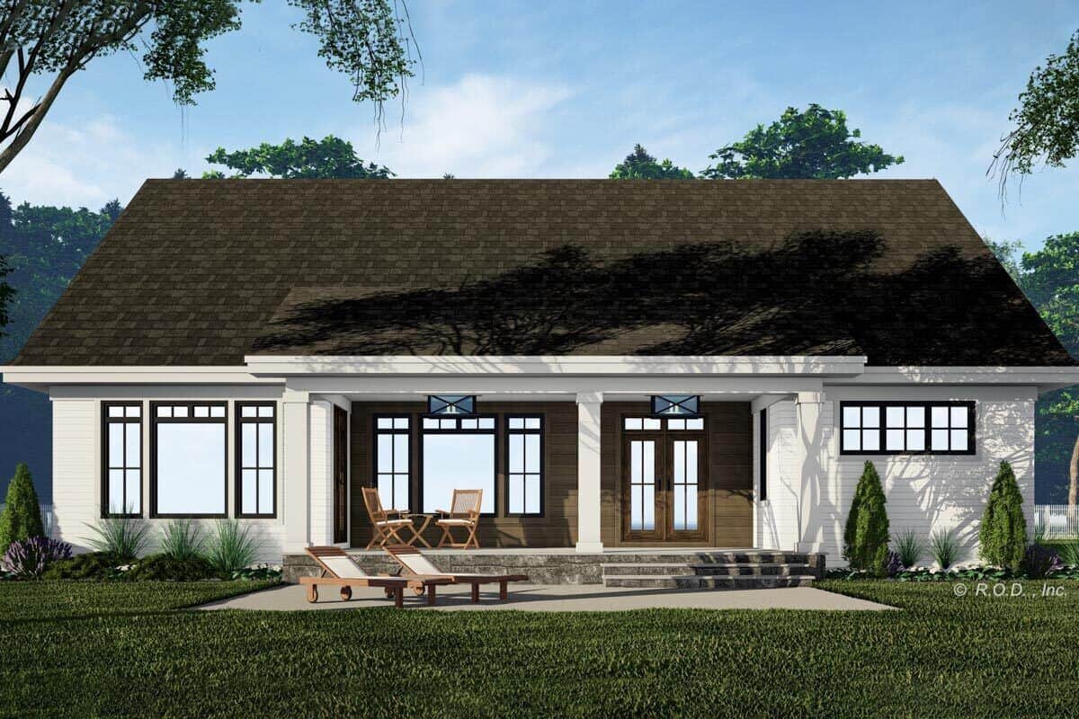 Rear rendering showcasing a covered porch that transitions onto a concrete patio.