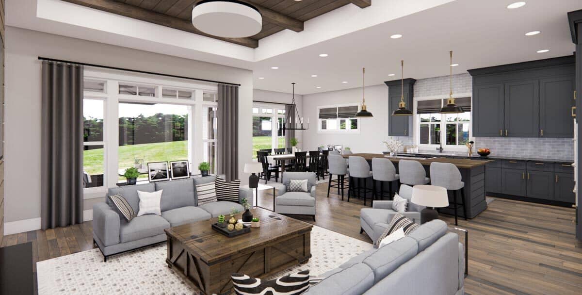 The great room flows seamlessly into the kitchen and dining area.
