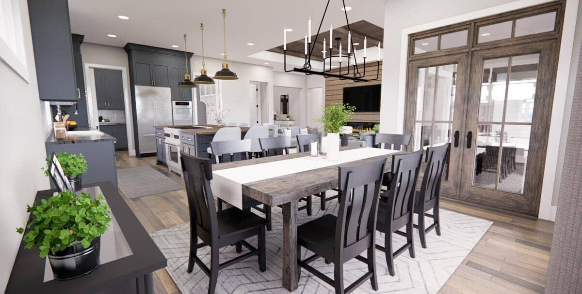 A French door extends the dining area onto a covered porch.