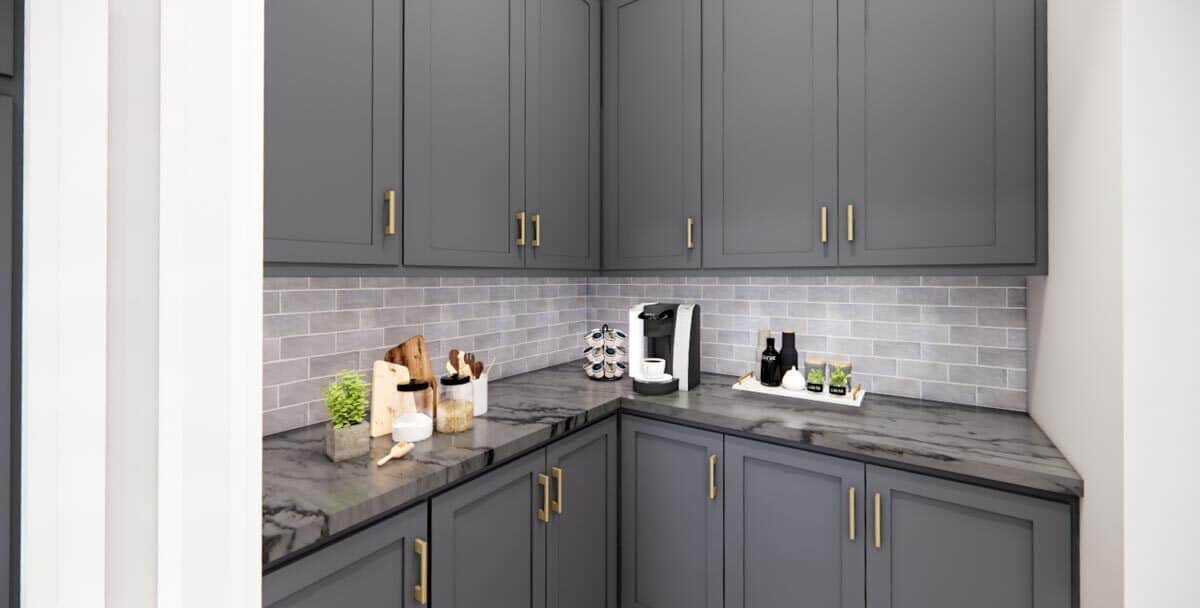 The walk-in pantry offers additional storage and marble countertops.