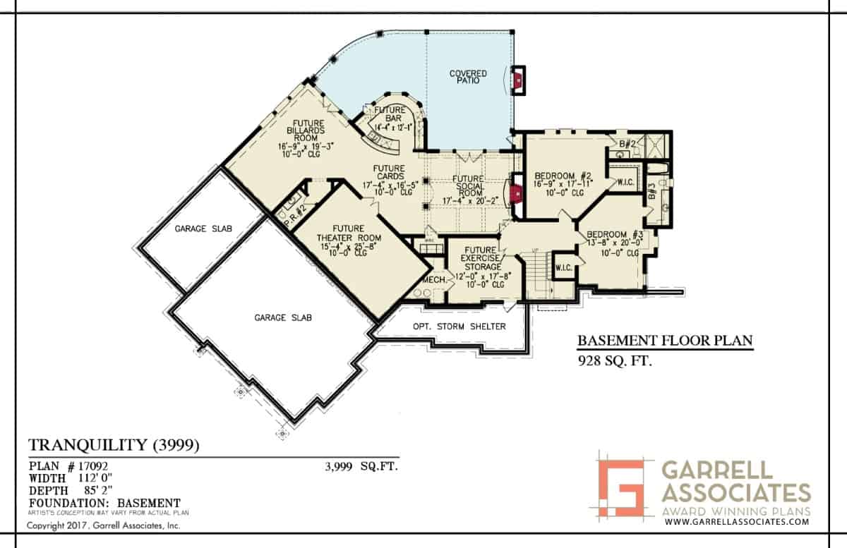 Lower level floor plan with two bedrooms, exercise room, home theater, rec room, and social room with wet bar and patio access.