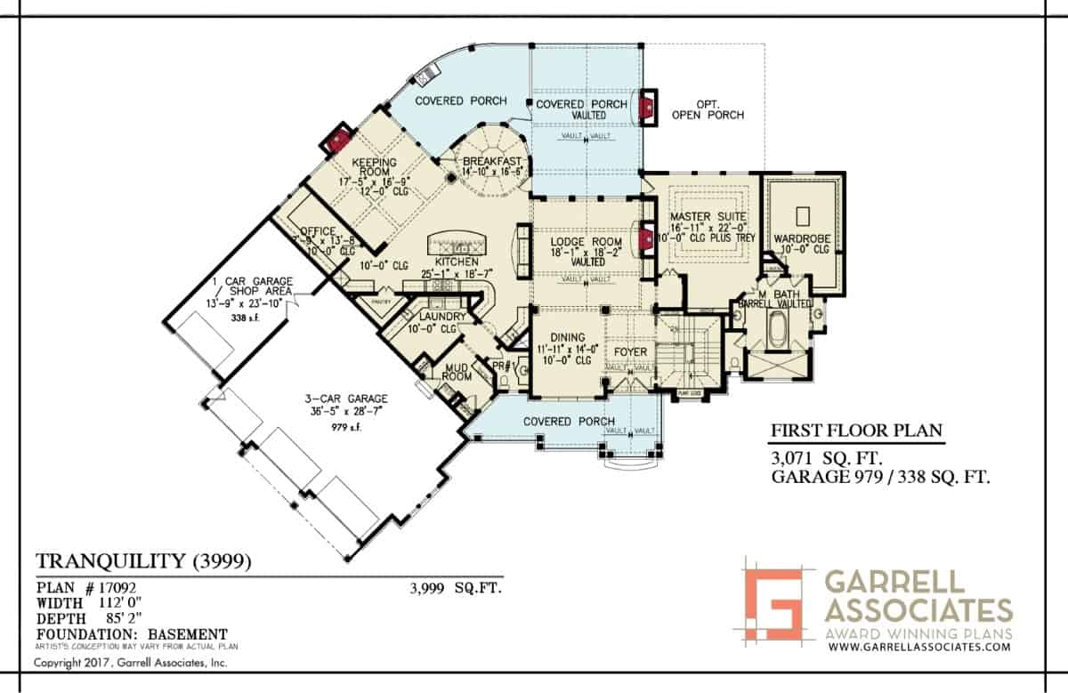 Main level floor plan of a craftsman style single-story 3-bedroom Tranquility home with foyer, formal dining room, lodge room, kitchen, keeping room, primary suite, laundry room, home office, and mudroom leading to the garage.