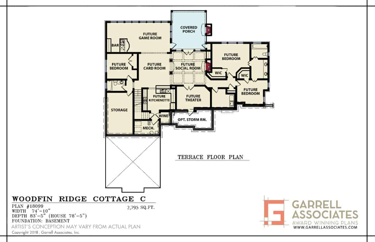 Lower level floor plan with three additional bedrooms, a home theater, game room, kitchenette, and a social room that opens to a covered porch.