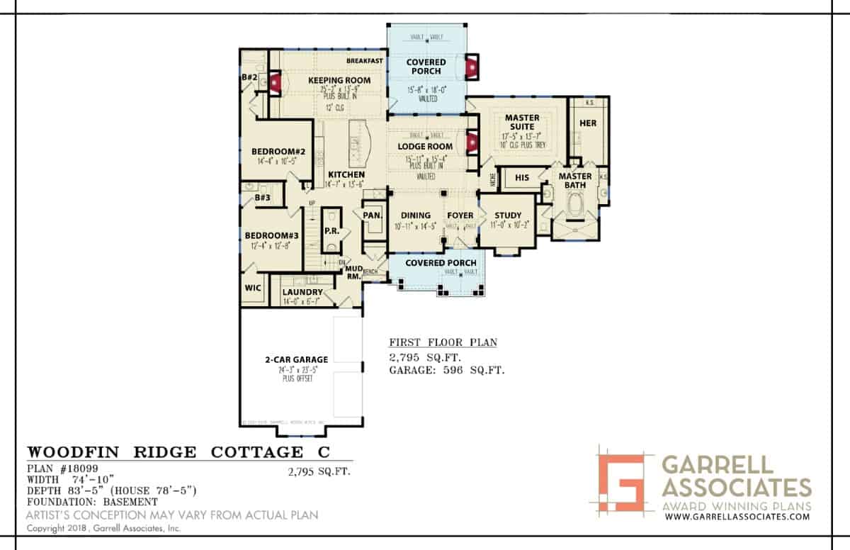 Main level floor plan of a ranch style 3-bedroom two-story Woodfin Ridge Cottage C with foyer, dining room, lodge room, kitchen, keeping room, three bedrooms, study, laundry, and mudroom leading to the garage.