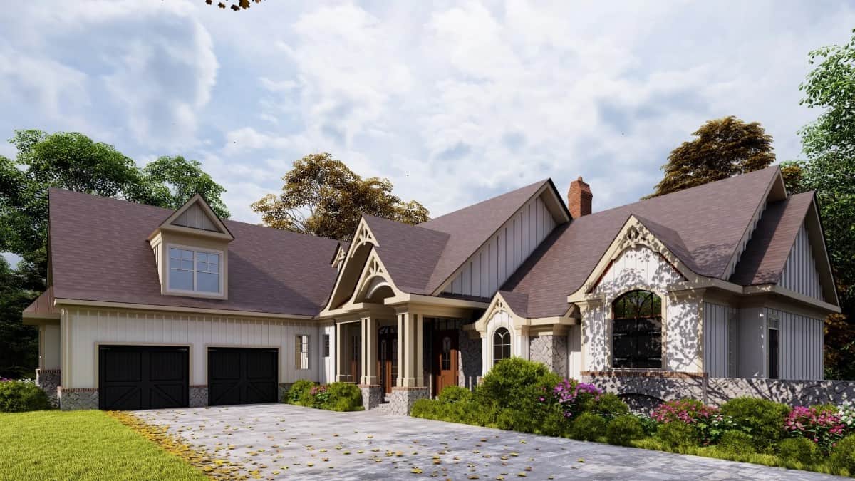 Front-right rendering with a covered entry porch and a courtyard entry garage.