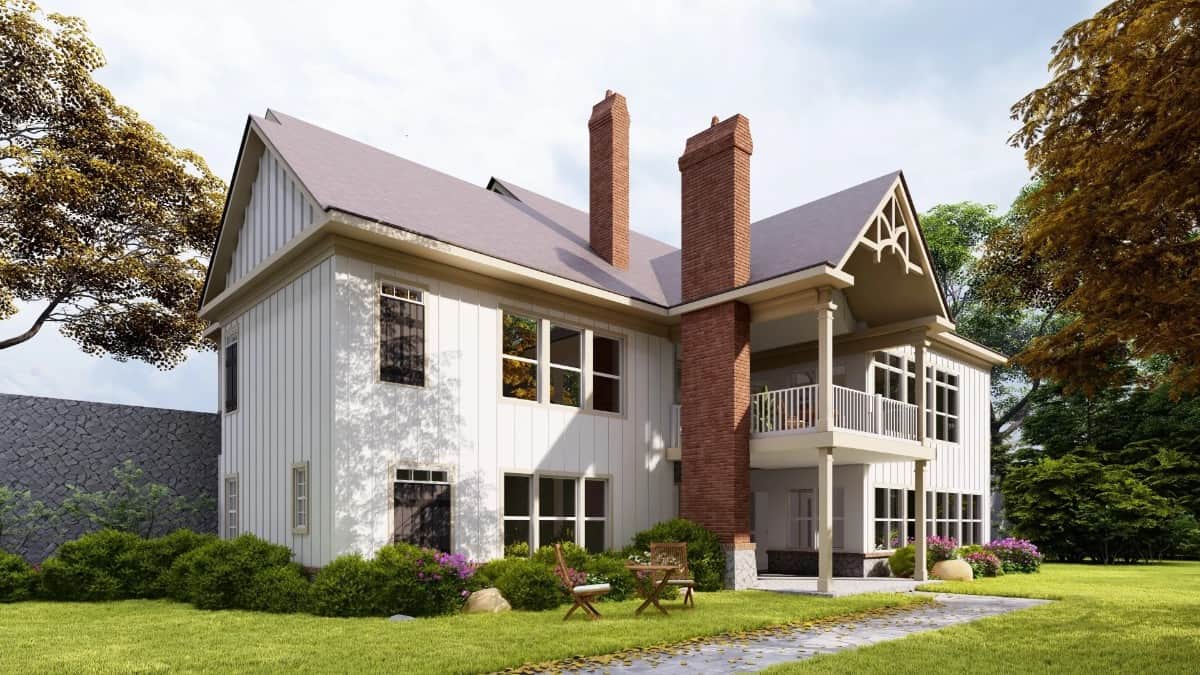 Rear rendering showcasing brick chimneys and stacked porches supported by decorative columns.
