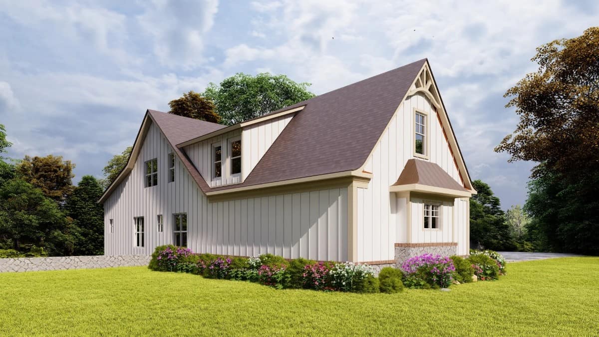 Left rendering with a board and batten siding, stone skirting, and a large shed dormer.