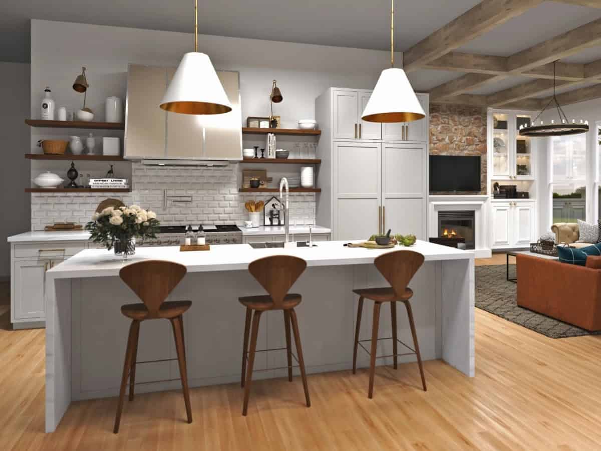 The kitchen has a waterfall island, custom cabinets, and floating shelve fixed against the white brick backsplash.