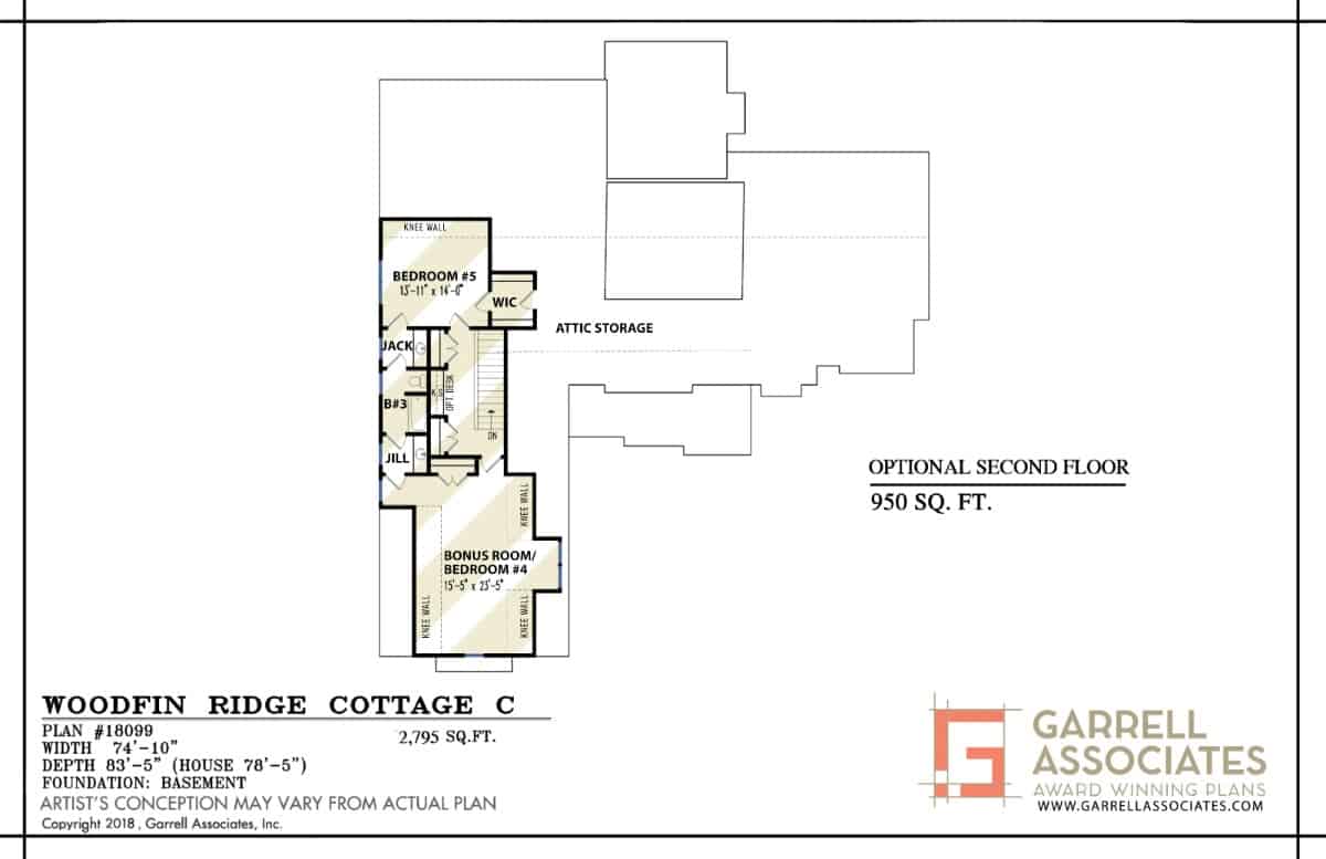 Second level floor plan with two bedrooms sharing a Jack and Jill bathroom.