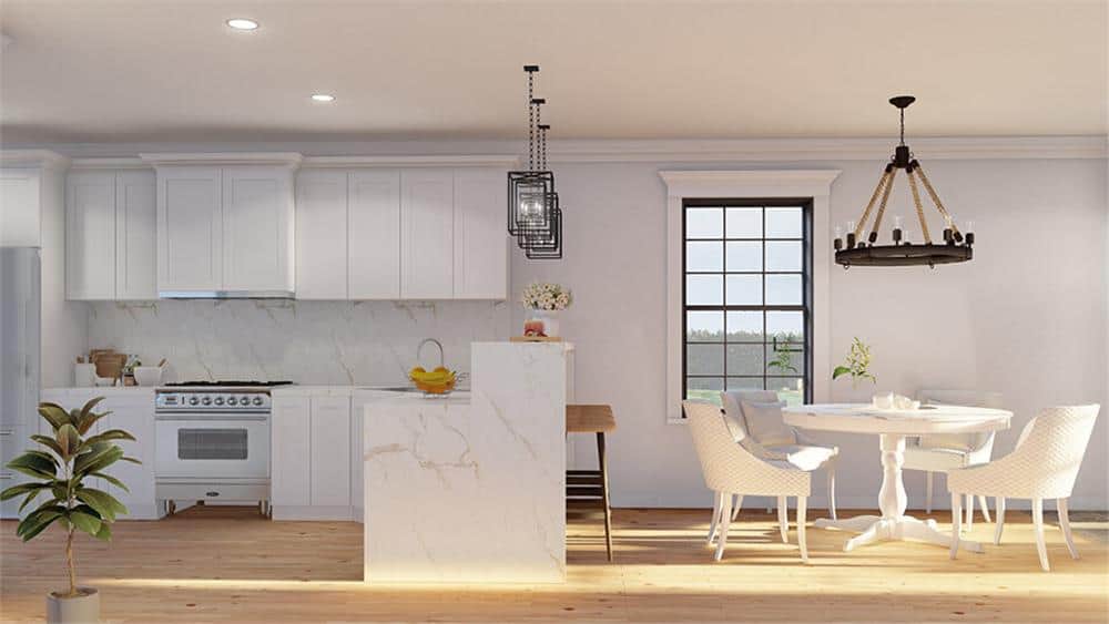 A peninsula with a raised eating bar separates the kitchen from the dining area.