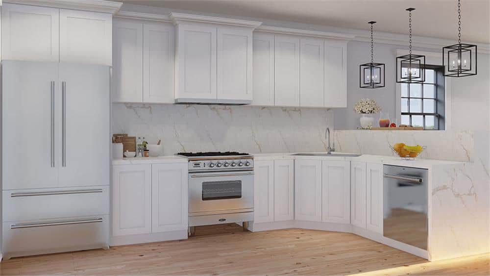 The kitchen is equipped with stainless steel appliances, white cabinetry, and marble countertops mirrored in the backsplash.