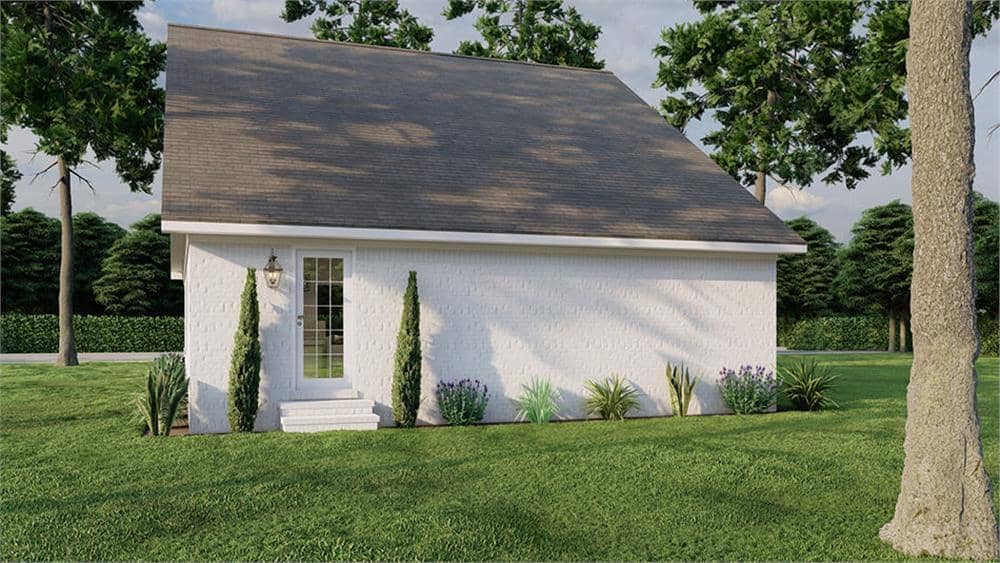Rear rendering with a glazed door that opens to the lush backyard.