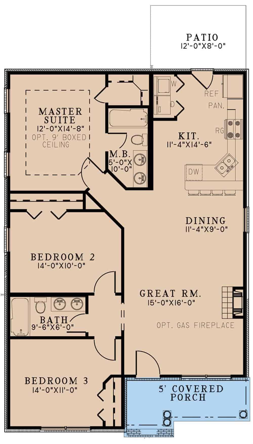 Main level floor plan of a single-story country style 3-bedroom home with front porch, great room, dining area, kitchen, three bedrooms, and two bathrooms.