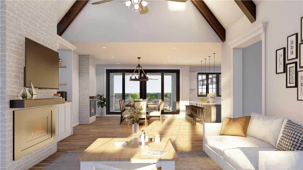 The great room opens completely to the dining area and kitchen.