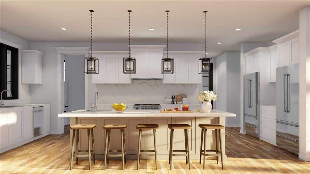 The kitchen is equipped with two fridges, custom cabinets, marble countertops, and a breakfast island.
