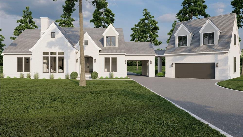 Front rendering with a covered entry porch and an angled detached garage topped with gable dormers.