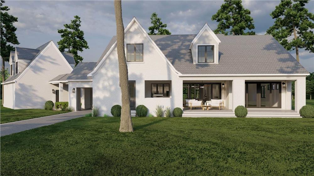 A gable dormer tops the spacious covered porch at the back.