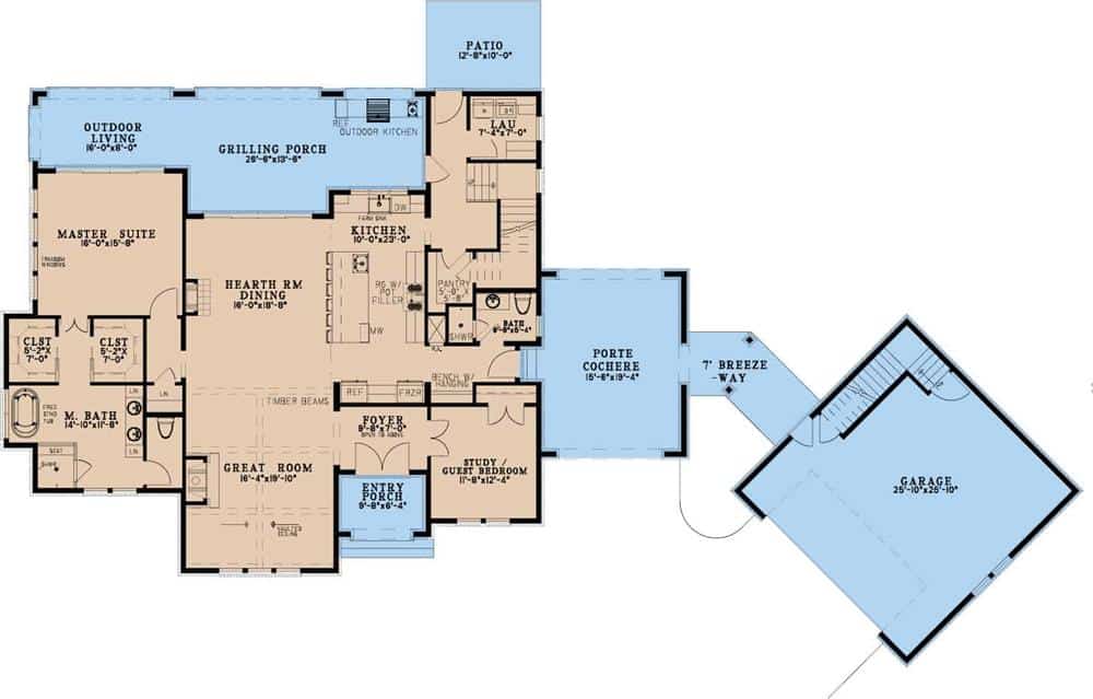 Main level floor plan of a two-story European style 4-bedroom home with foyer, great room, hearth room, kitchen, two bedrooms, and a detached garage.