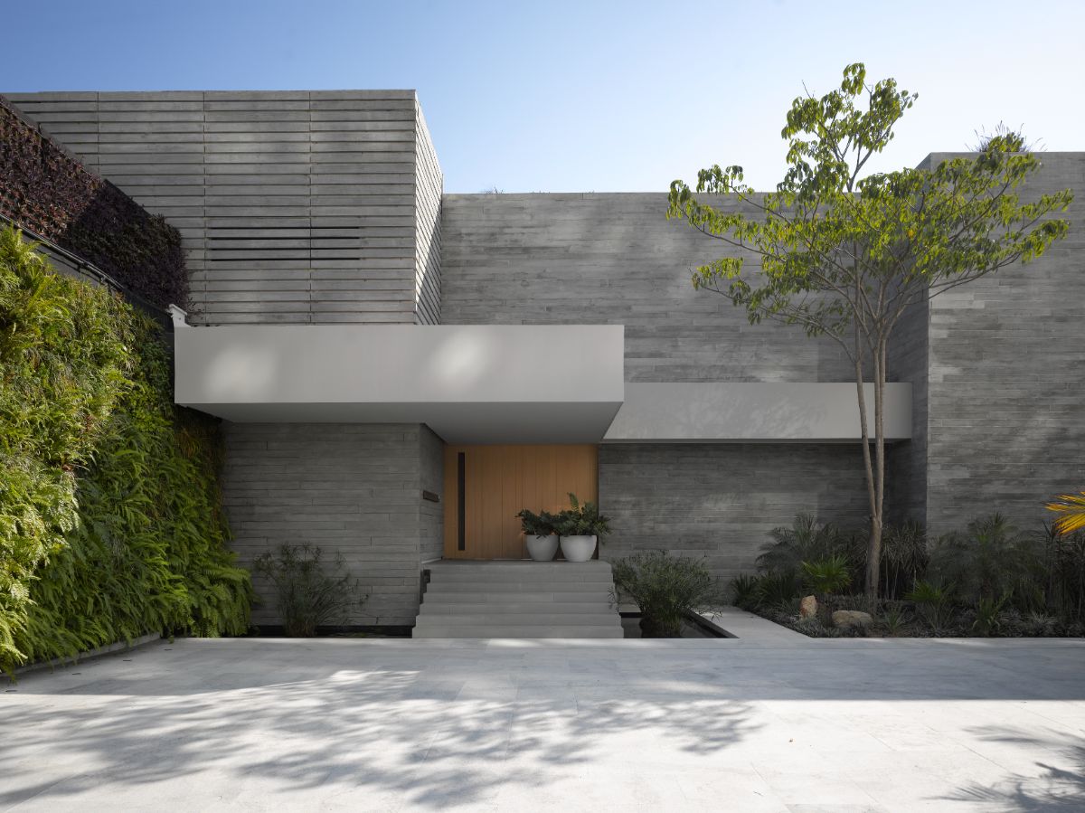 The house's front facade, which features a concrete wall and a vertical garden installation for a fresh, natural appearance.