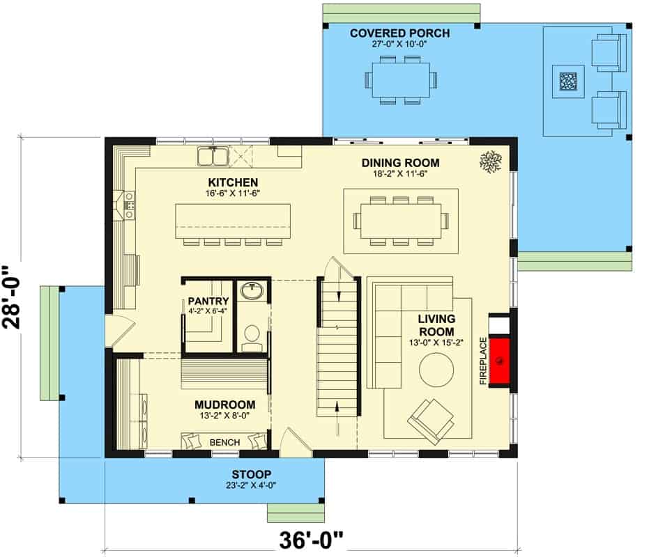 Main level floor plan of a two-story simple 5-bedroom farmhouse with front and rear porches, mudroom, living room, dining room, and kitchen.