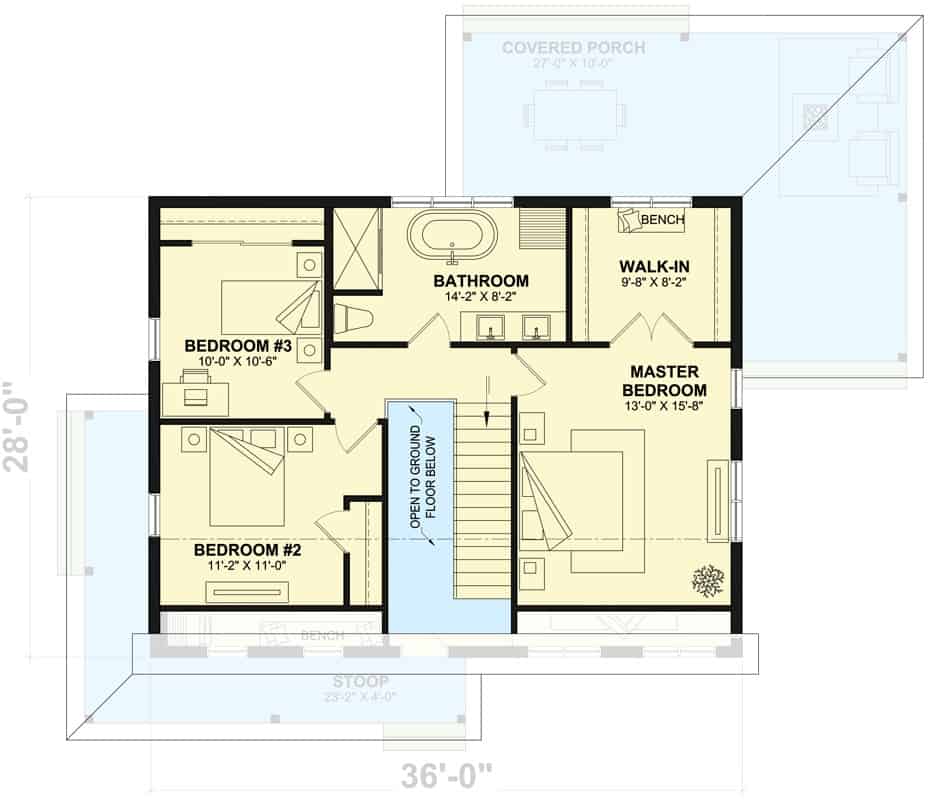 Second level floor plan with three bedrooms and a shared bathroom.
