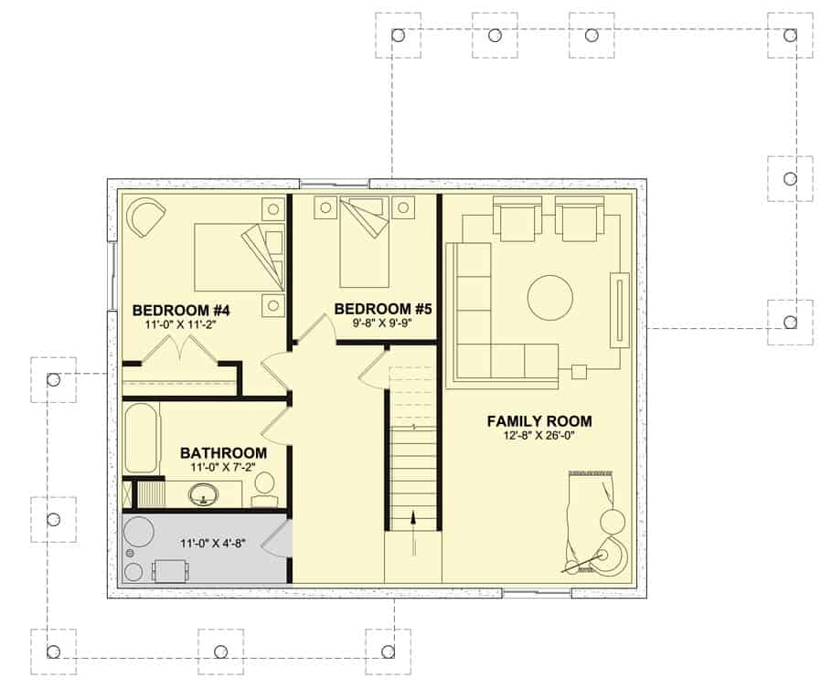 Lower level floor plan with two bedrooms, a shared bath, and a family room.