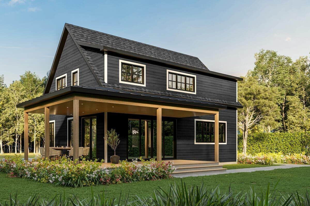 Rear-right rendering with a larger covered porch topped with metal awnings.