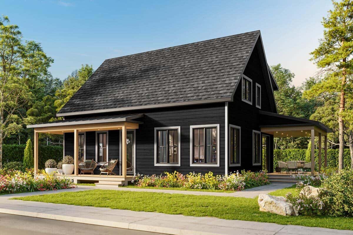 Front-right rendering showcasing the covered porches and dark horizontal siding.