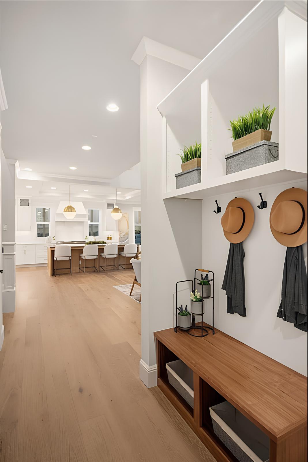 Mudroom with overhead shelves, coat hooks, and a storage bench topped with small potted plants.