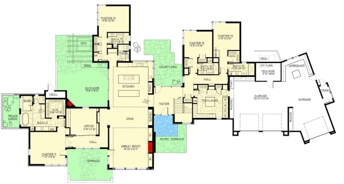 Main level floor plan of a two-story 4-bedroom mountain modern home with foyer, great room, dining area, kitchen, home office, four bedroom suites, and mudroom leading to the garage.