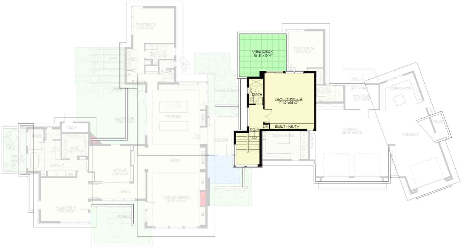Second level floor plan with a family/media room, a full bathroom, and a viewing deck.