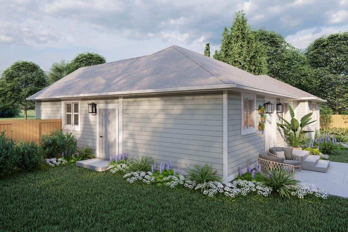 Rear-right rendering showcasing the side entrance.