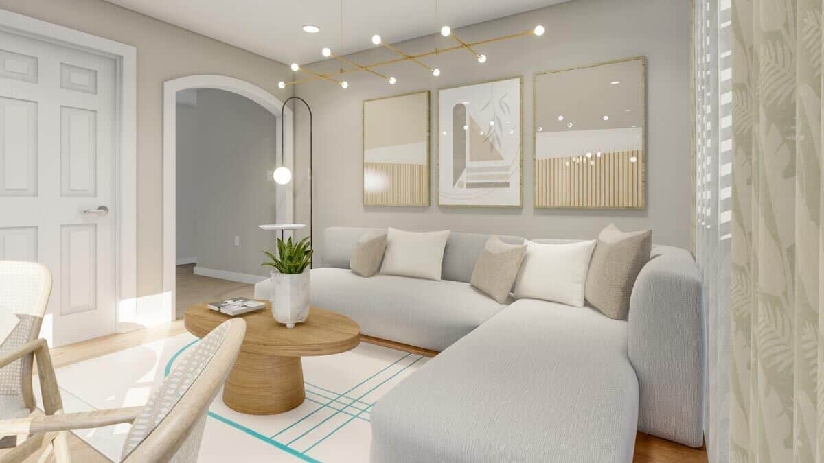 Framed artworks above the sofa adorned the family room.