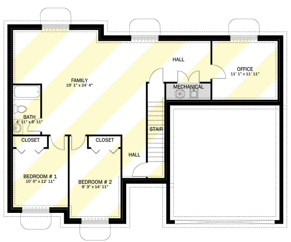 Lower level floor plan with two more bedrooms, a family room, and a home office.