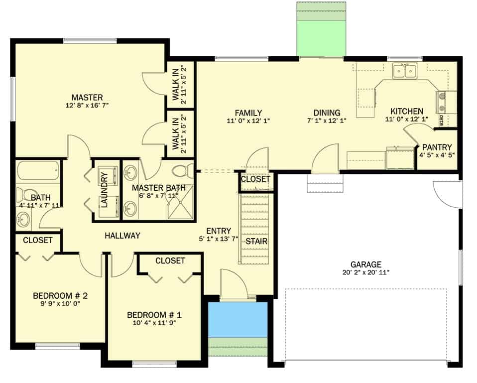 Main level floor plan of a single-story 3-bedroom ranch with foyer, family room, dining area, kitchen, three bedrooms, and double garage.