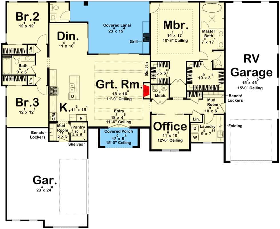 Main level floor plan of a single-story 3-bedroom modern prairie home with great room, kitchen, dining area, three bedrooms, home office, and mudroom leading to the garage.