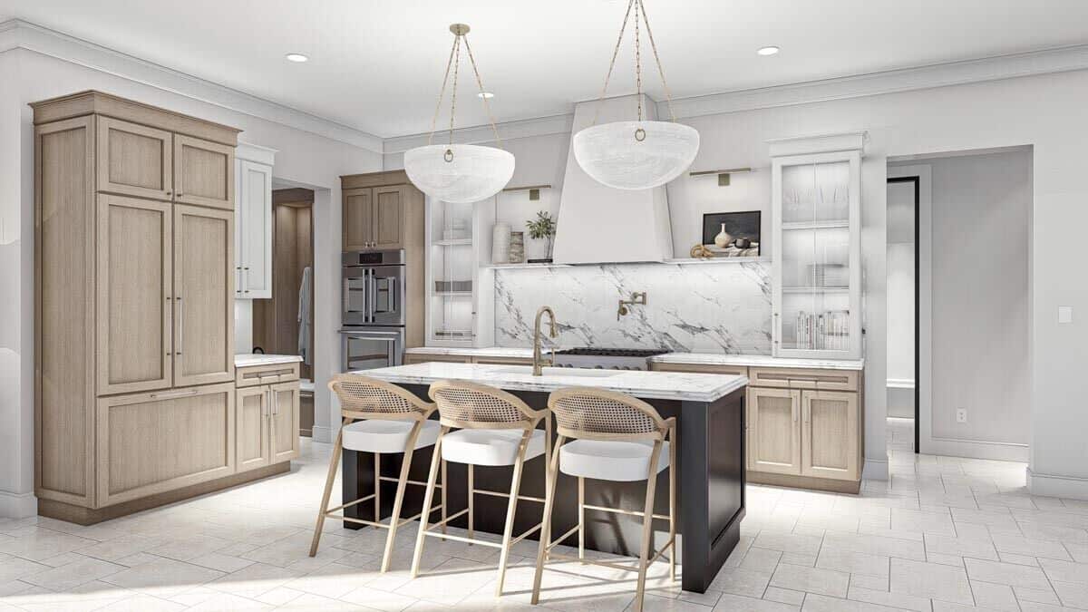 Kitchen with light wood cabinets, a breakfast island, and marble countertops matching the backsplash.