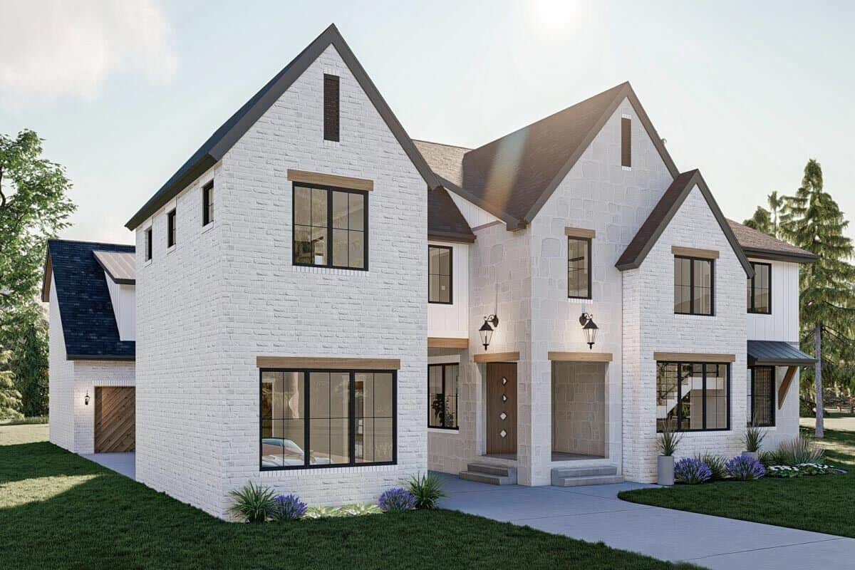 Front-left rendering with a detached garage and a covered entry porch.