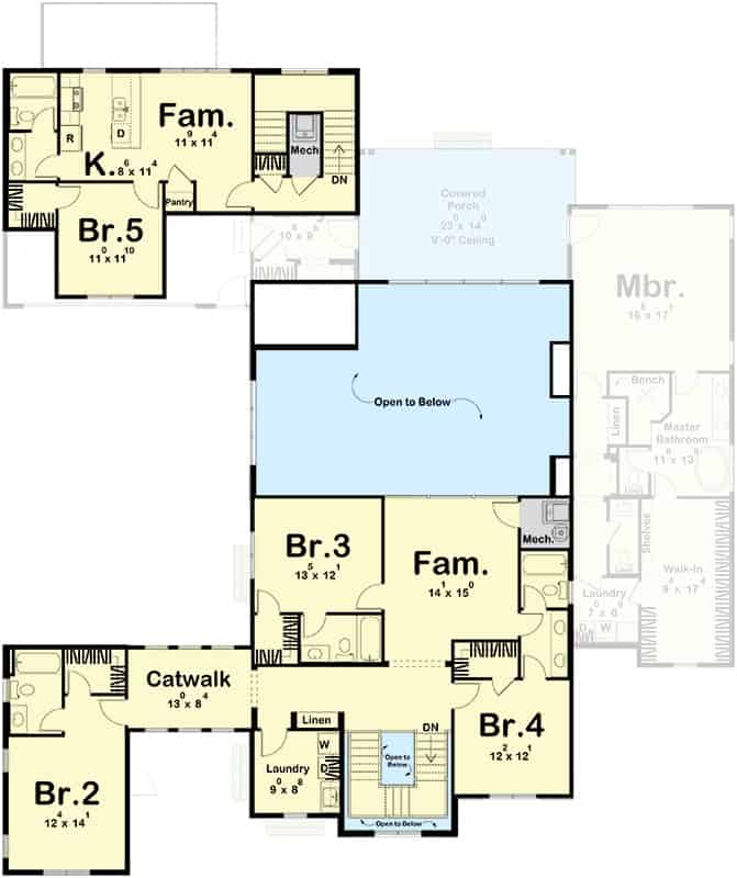 Second level floor plan with three bedrooms, a family room, a laundry room, and a separate apartment above the garage.