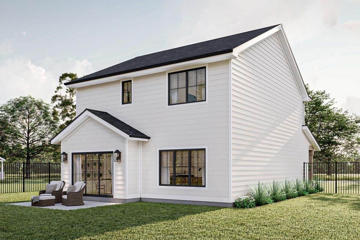 Rear-left rendering with horizontal lap siding and aluminum framed windows that bring an abundance of natural light in.