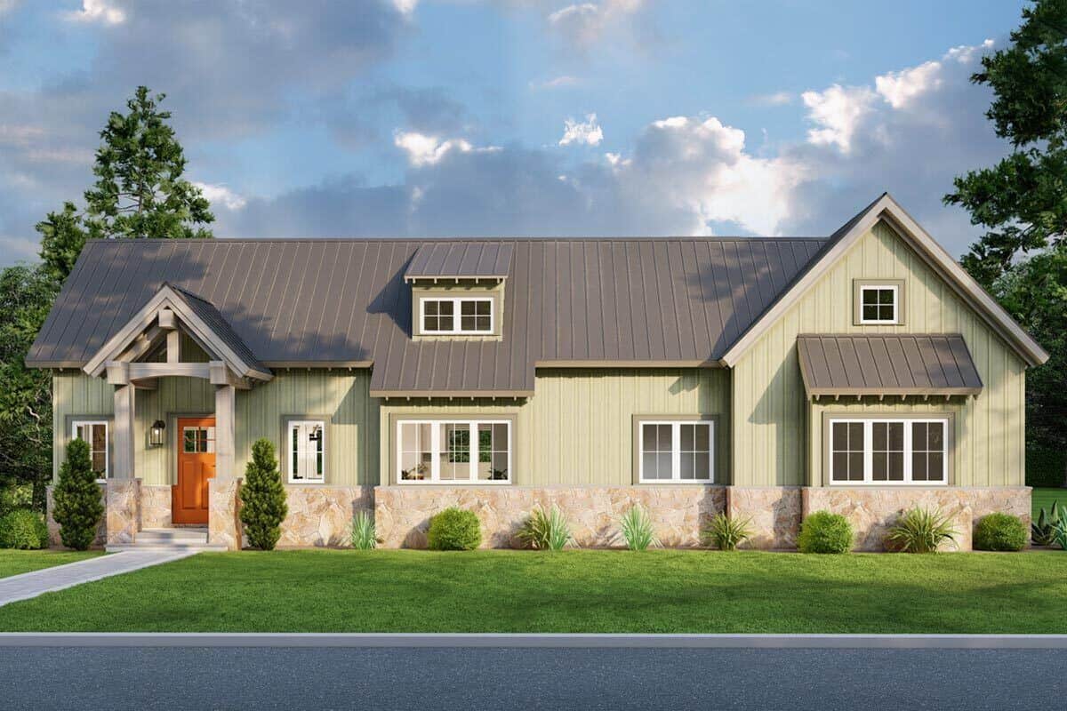 Front rendering showcasing a shed dormer and a gabled portico with a wooden front door.