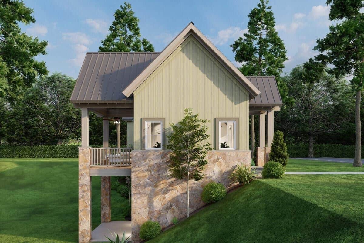 Left rendering showcasing the covered porches and walkout basement.